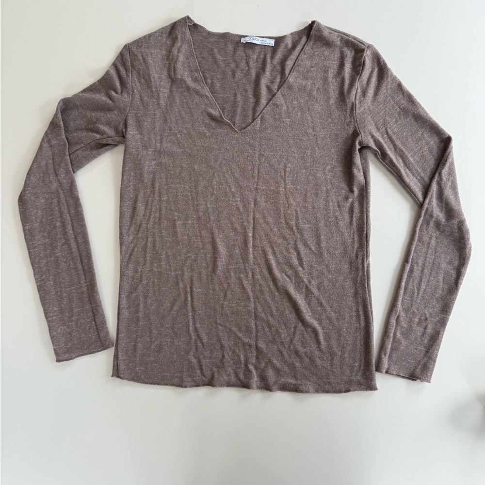 Zara Womens Pullover Sweater Mocha Long Sleeve V Neck Tight Knit Lightweight S